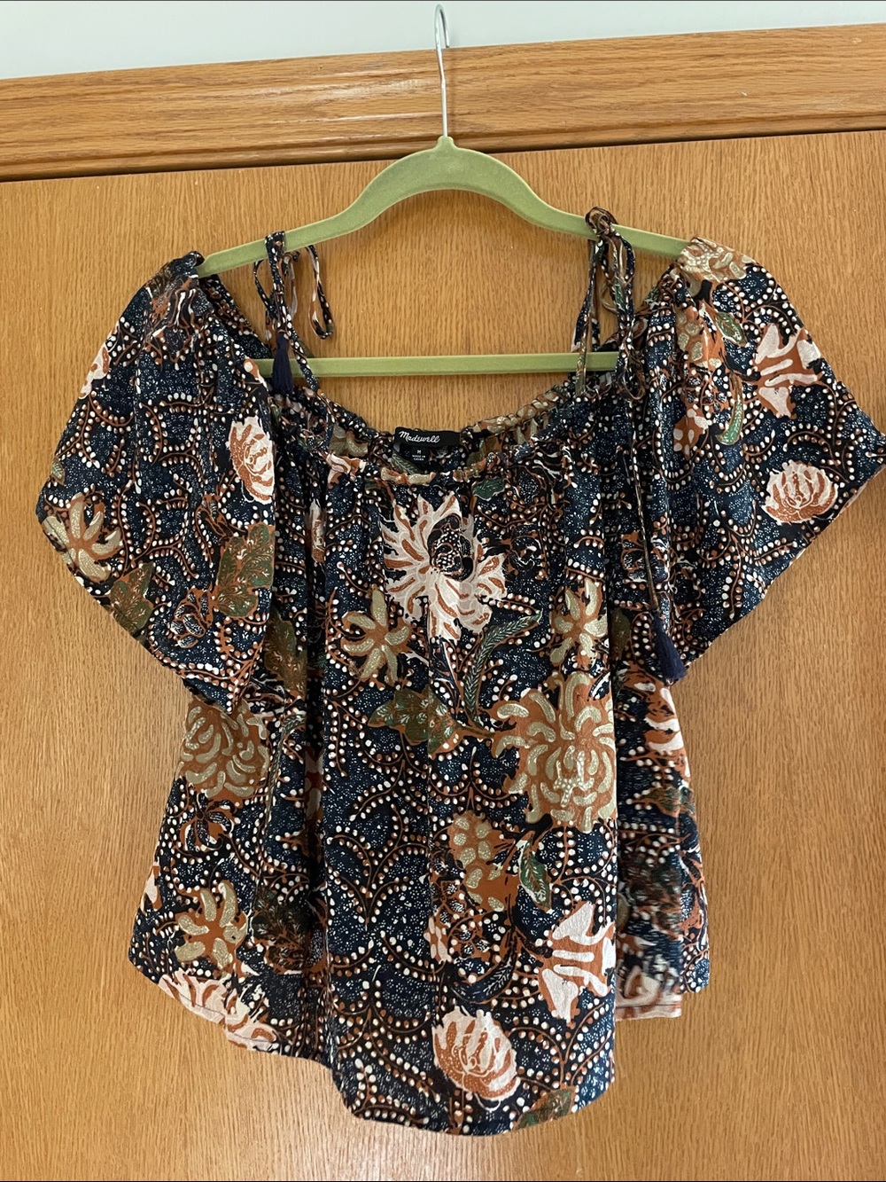 Madewell Navy, Brown & Cream Floral Off-Shoulder Tie-Strap Top